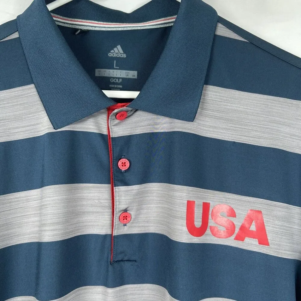 Adidas Golf Polo Shirt Innisbrook Mens Large Blue Gray Striped USA